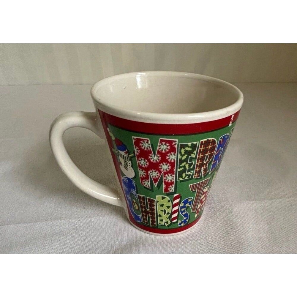 Royal Norfolk Merry Christmas Mug Patchwork Snowman Green Coffee Cup